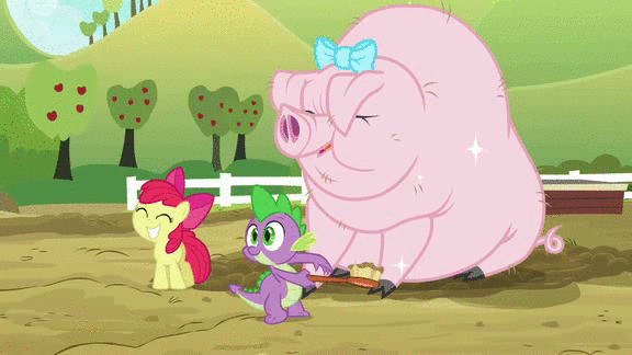 Size: 576x324 | Tagged: safe, screencap, character:apple bloom, character:little piggington, character:spike, species:dragon, species:earth pony, species:pony, episode:spike at your service, g4, my little pony: friendship is magic, animated, fabulous, pig, sparkles