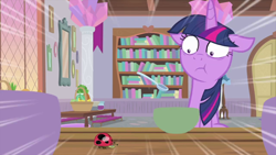 Size: 1280x720 | Tagged: safe, screencap, character:twilight sparkle, character:twilight sparkle (alicorn), species:alicorn, species:pony, episode:starlight the hypnotist, book, bookshelf, bowl, chewing, coccinellidaephobia, eating, female, floppy ears, insect, ladybug, magic, solo, spoon, table, terrified, twilight hates ladybugs