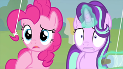 Size: 1280x720 | Tagged: safe, screencap, character:pinkie pie, character:starlight glimmer, species:pony, episode:starlight the hypnotist, duo, faec, female, kite, magic, mare, nervous, raised eyebrow, raised hoof