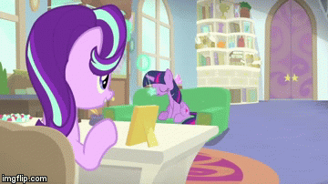 Size: 360x202 | Tagged: safe, screencap, character:pinkie pie, character:starlight glimmer, character:twilight sparkle, character:twilight sparkle (alicorn), species:alicorn, species:pony, episode:starlight the hypnotist, animated, bad timing, door burst, doorway, gif, hypnosis, imgflip, inconvenient pinkie, interrupted, kite flying time, school of friendship, sliding, woohoo