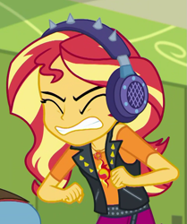 Size: 749x898 | Tagged: safe, screencap, character:sandalwood, character:sunset shimmer, episode:overpowered, g4, my little pony:equestria girls, cropped, geode of empathy, headphones, magical geodes, offscreen character