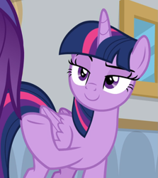 Size: 797x893 | Tagged: safe, screencap, character:twilight sparkle, character:twilight sparkle (alicorn), species:alicorn, species:pony, episode:friendship university, g4, my little pony: friendship is magic, cropped, female, lidded eyes, smiling, smirk, solo focus