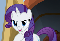 Size: 1163x801 | Tagged: safe, screencap, character:rarity, species:pony, species:unicorn, episode:friendship university, g4, my little pony: friendship is magic, cropped, female, mare, open mouth, raised hoof, smiling, solo