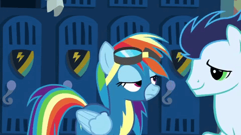 Size: 480x270 | Tagged: safe, screencap, character:rainbow dash, character:soarin', species:pony, episode:grannies gone wild, g4, my little pony: friendship is magic, animated, animation error, clothing, duo, goggles, hoof around neck, uniform, wonderbolts, wonderbolts uniform