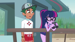 Size: 1920x1080 | Tagged: safe, screencap, character:timber spruce, character:twilight sparkle, character:twilight sparkle (scitwi), species:eqg human, ship:timbertwi, episode:unsolved selfie mysteries, g4, my little pony:equestria girls, binoculars, clothing, female, geode of telekinesis, glasses, lifeguard timber, magical geodes, male, ponytail, shipping, shorts, sleeveless, straight, swimsuit