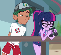 Size: 1145x1035 | Tagged: safe, screencap, character:timber spruce, character:twilight sparkle, character:twilight sparkle (scitwi), species:eqg human, episode:unsolved selfie mysteries, g4, my little pony:equestria girls, binoculars, clothing, cropped, female, geode of telekinesis, glasses, lifeguard timber, magical geodes, male, ponytail, shorts, sleeveless, swimsuit