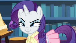 Size: 1666x936 | Tagged: safe, screencap, character:rarity, species:pony, species:unicorn, episode:the end in friend, g4, my little pony: friendship is magic, bookshelf, camping outfit, clothing, dress, female, inkwell, mare, narrowed eyes, quill, smiling, solo