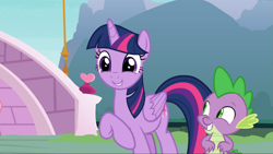 Size: 1665x938 | Tagged: safe, screencap, character:spike, character:twilight sparkle, character:twilight sparkle (alicorn), species:alicorn, species:dragon, species:pony, episode:yakity-sax, g4, my little pony: friendship is magic, cute, duo, female, male, mare, raised hoof, smiling, twiabetes