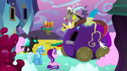 Size: 1440x809 | Tagged: safe, screencap, character:discord, character:starlight glimmer, character:thorax, character:trixie, species:changeling, species:draconequus, species:pony, species:unicorn, episode:to where and back again, g4, my little pony: friendship is magic, chaos, cotton candy, crystal, eyes closed, female, floating island, male, mare, pumpkin, pumpkin carriage, purple sky, quartet, reformed four, soap, soap roads, suds