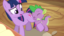 Size: 1440x807 | Tagged: safe, screencap, character:spike, character:twilight sparkle, character:twilight sparkle (unicorn), species:dragon, species:pony, species:unicorn, episode:spike at your service, g4, my little pony: friendship is magic, cute, duo, eyes closed, female, frown, happy, hug, leg, leg hug, male, mare, open mouth, smiling