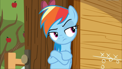 Size: 1668x938 | Tagged: safe, screencap, character:rainbow dash, species:pegasus, species:pony, episode:the washouts, g4, my little pony: friendship is magic, crossed hooves, female, leaning, lidded eyes, mare, rainbow dash is not amused, raised eyebrow, unamused