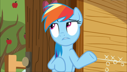 Size: 1668x938 | Tagged: safe, screencap, character:rainbow dash, species:pegasus, species:pony, episode:the washouts, g4, my little pony: friendship is magic, female, leaning, mare, nonchalant, raised hoof, solo, underhoof