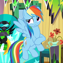 Size: 951x938 | Tagged: safe, screencap, character:rainbow dash, species:pegasus, species:pony, episode:the washouts, g4, my little pony: friendship is magic, clothing, cropped, cute, dashabetes, female, flying, nervous, solo, uniform, washouts uniform