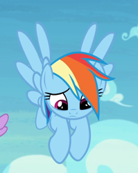 Size: 678x850 | Tagged: safe, screencap, character:rainbow dash, species:pegasus, species:pony, episode:the washouts, g4, my little pony: friendship is magic, cropped, cute, dashabetes, dawwww, female, flying, hnnng, sad, sadorable, solo focus, woobie
