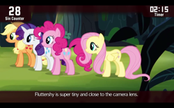 Size: 1280x800 | Tagged: safe, screencap, character:applejack, character:fluttershy, character:pinkie pie, character:rarity, species:earth pony, species:pegasus, species:pony, species:unicorn, episode:daring don't, g4, my little pony: friendship is magic, animation error, cinemare sins, female, layering error, mare