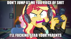 Size: 888x499 | Tagged: safe, screencap, character:fluttershy, character:sunset shimmer, episode:game stream, g4, my little pony:equestria girls, caption, game grumps, grumpset shimmer, headphones, headset, image macro, impact font, meme, not so grumpershy, rage, sunset gamer, text, vulgar