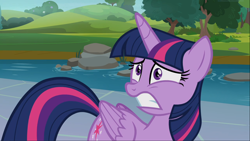 Size: 1664x936 | Tagged: safe, screencap, character:twilight sparkle, character:twilight sparkle (alicorn), species:alicorn, species:pony, episode:a rockhoof and a hard place, g4, my little pony: friendship is magic, female, mare, scared, solo, teeth