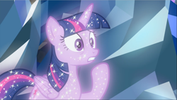 Size: 1667x939 | Tagged: safe, screencap, character:tree of harmony, character:treelight sparkle, character:twilight sparkle, species:alicorn, species:pony, episode:what lies beneath, g4, my little pony: friendship is magic, female, implied twilight sparkle, mare, shocked, solo, sparkles, tree of harmony, treelight sparkle