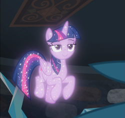 Size: 883x832 | Tagged: safe, screencap, character:tree of harmony, character:treelight sparkle, character:twilight sparkle, species:alicorn, species:pony, episode:what lies beneath, g4, my little pony: friendship is magic, cropped, female, floating, implied twilight sparkle, lidded eyes, smiling, solo, sparkles, tree of harmony, treelight sparkle