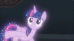 Size: 1670x938 | Tagged: safe, screencap, character:tree of harmony, character:treelight sparkle, character:twilight sparkle, species:alicorn, species:pony, episode:what lies beneath, g4, my little pony: friendship is magic, female, implied twilight sparkle, mare, smiling, solo, sparkles, tree of harmony, treelight sparkle, underhoof