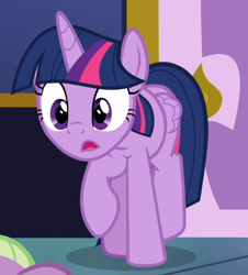 Size: 740x817 | Tagged: safe, screencap, character:twilight sparkle, character:twilight sparkle (alicorn), species:alicorn, species:pony, episode:father knows beast, g4, my little pony: friendship is magic, cropped, female, open mouth, raised hoof, solo