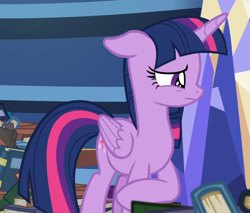 Size: 1100x937 | Tagged: safe, screencap, character:twilight sparkle, character:twilight sparkle (alicorn), species:alicorn, species:pony, episode:father knows beast, g4, my little pony: friendship is magic, book, cropped, female, floppy ears, looking away, sad, solo