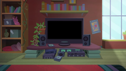 Size: 1920x1080 | Tagged: safe, screencap, episode:game stream, g4, my little pony:equestria girls, book, bookshelf, console, no pony, plant, sunset's apartment, television, window
