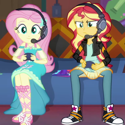 Size: 762x763 | Tagged: safe, screencap, character:fluttershy, character:sunset shimmer, episode:game stream, g4, my little pony:equestria girls, converse, cropped, feet, gamer fluttershy, gamer sunset, gamershy, headphones, sandals, shoes, sneakers