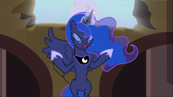 Size: 1667x933 | Tagged: safe, screencap, character:princess luna, species:alicorn, species:pony, episode:princess twilight sparkle, g4, my little pony: friendship is magic, angry, chestplate, ethereal mane, eyes closed, eyeshadow, female, flashback, floating, flowing mane, galaxy mane, glowing horn, hoof shoes, jewelry, magic, makeup, mare, moon, moon work, open mouth, raised hooves, raising the moon, regalia, sin of envy, sin of wrath, solo, spread wings, wings