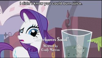 Size: 335x192 | Tagged: safe, screencap, character:rarity, species:pony, episode:sisterhooves social, g4, my little pony: friendship is magic, animated, burned, burnt juice, cooking, disgusted, epic fail, fail, female, food, forced smile, funny, gif, hilarious, implied sweetie belle, impossible, juice, mare, raised eyebrow, smoke, solo, sweetie belle can't cook, sweetie fail, text