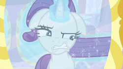 Size: 1280x720 | Tagged: safe, screencap, character:rarity, species:pony, species:unicorn, episode:rarity's biggest fan, annoyed, female, floppy ears, glowing horn, horn, magic, mare, mirror, solo, telekinesis