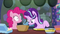 Size: 1280x720 | Tagged: safe, screencap, character:pinkie pie, character:starlight glimmer, species:pony, episode:every little thing she does, g4, my little pony: friendship is magic, bowl, cooking, discovery family logo, duo, fiducia compellia, mind control