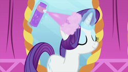 Size: 1280x720 | Tagged: safe, screencap, character:rarity, species:pony, species:unicorn, episode:rarity's biggest fan, eyes closed, female, hairspray, mare