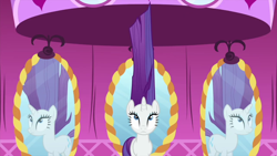 Size: 1280x720 | Tagged: safe, screencap, character:rarity, species:pony, species:unicorn, episode:rarity's biggest fan, alternate hairstyle, female, looking up, mare, mirror, solo
