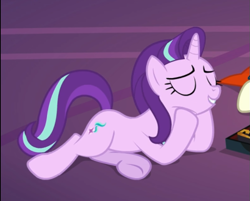 Size: 689x554 | Tagged: safe, screencap, character:starlight glimmer, species:pony, species:unicorn, episode:uncommon bond, g4, my little pony: friendship is magic, cropped, eyes closed, female, hooves on cheeks, lying down, mare, smiling