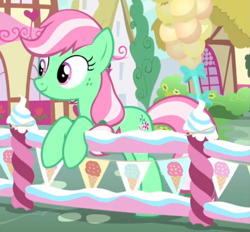 Size: 849x787 | Tagged: safe, screencap, character:minty, species:earth pony, species:pony, episode:sundae sundae sundae, g4, cropped, cute, female, fence, flag, food, g3 to g4, generation leap, ice cream, mare, mintabetes, recolor, solo