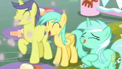 Size: 1280x720 | Tagged: safe, screencap, character:comet tail, character:lyra heartstrings, character:sunshower raindrops, species:pegasus, species:pony, species:unicorn, episode:sundae sundae sundae, background pony, eyes closed, female, hoof on chest, licking, licking lips, male, mare, stallion, tongue out, trio