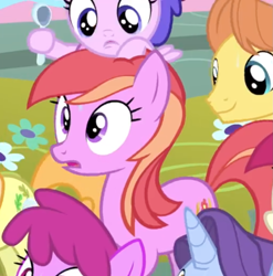 Size: 1147x1159 | Tagged: safe, screencap, character:berry punch, character:berryshine, character:junebug, character:november rain, character:plumberry, character:roseluck, species:earth pony, species:pegasus, species:pony, episode:sundae sundae sundae, autumn fields, background pony, blooming harvest, cropped, dexterous hooves, duo focus, female, filly, foal, friendship student, hoof hold, mare, spoon, warm front