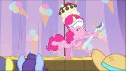 Size: 1367x771 | Tagged: safe, screencap, character:comet tail, character:november rain, character:pinkie pie, species:earth pony, species:pony, episode:sundae sundae sundae, background pony, clothing, curtains, eyes closed, female, friendship student, hat, mare, smiling, solo focus, spoon, standing, standing on one leg