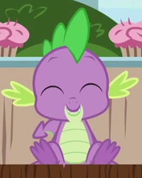 Size: 346x432 | Tagged: safe, screencap, character:spike, species:dragon, episode:triple threat, g4, my little pony: friendship is magic, baby, baby dragon, claws, cropped, cute, eyes closed, feet, male, male feet, sitting, smiling, spikabetes
