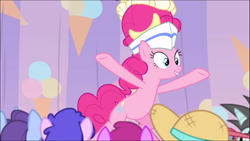Size: 1368x770 | Tagged: safe, screencap, character:berry punch, character:berryshine, character:neon lights, character:november rain, character:pinkie pie, character:plumberry, character:rising star, species:earth pony, species:pony, episode:sundae sundae sundae, background pony, bipedal, clothing, curtains, female, friendship student, hat, mare, smiling, solo focus
