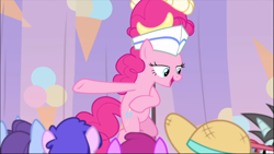 Size: 1368x770 | Tagged: safe, screencap, character:berry punch, character:berryshine, character:neon lights, character:november rain, character:pinkie pie, character:plumberry, character:rising star, species:earth pony, species:pony, episode:sundae sundae sundae, background pony, bipedal, clothing, curtains, cutie mark, female, friendship student, hat, lidded eyes, mare, open mouth, solo focus