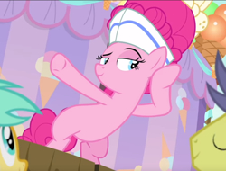 Size: 920x701 | Tagged: safe, screencap, character:comet tail, character:pinkie pie, character:sunshower raindrops, species:earth pony, species:pony, episode:sundae sundae sundae, bipedal, clothing, cropped, curtains, female, hat, listening, mare, raised eyebrow, raised hoof, smiling, smirk, smug, solo focus, underhoof