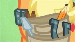 Size: 1669x940 | Tagged: safe, screencap, character:applejack, species:earth pony, species:pony, episode:applejack's day off, female, green background, horseshoes, mare, pencil, screwdriver, simple background, solo, toolbelt
