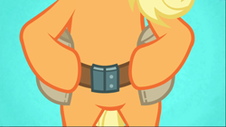 Size: 1668x940 | Tagged: safe, screencap, character:applejack, species:earth pony, species:pony, episode:applejack's day off, belly, bipedal, blue background, featureless crotch, female, mare, simple background, solo, toolbelt
