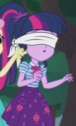 Size: 682x1125 | Tagged: safe, screencap, character:fluttershy, character:twilight sparkle, character:twilight sparkle (scitwi), species:eqg human, episode:stressed in show, g4, my little pony:equestria girls, blindfold, cropped, forest, stressed in show: fluttershy