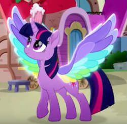 Size: 617x604 | Tagged: safe, screencap, character:twilight sparkle, character:twilight sparkle (alicorn), species:alicorn, species:pony, friendship is magic: rainbow roadtrip, g4, my little pony: friendship is magic, colored wings, female, mare, movie accurate, multicolored wings, rainbow wings, solo, spread wings, wing bling, wings