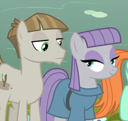 Size: 762x720 | Tagged: safe, screencap, character:maud pie, character:mudbriar, species:earth pony, species:pony, ship:maudbriar, episode:sundae sundae sundae, clothing, cropped, cutie mark, duo focus, female, looking at each other, male, mare, shipping, smiling, stallion, straight, sweat, sweatdrop, when she smiles