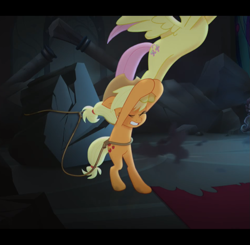 Size: 957x936 | Tagged: safe, screencap, character:applejack, character:fluttershy, species:earth pony, species:pegasus, species:pony, my little pony: the movie (2017), bipedal, cropped, eyes closed, female, gritted teeth, holding, holding on, mare