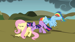 Size: 1920x1080 | Tagged: safe, screencap, character:fluttershy, character:rainbow dash, character:twilight sparkle, species:pegasus, species:pony, species:unicorn, episode:dragonshy, g4, my little pony: friendship is magic, dragon mountain, faceful of ass, female, map, mare, mountain, out of context, pushing, rump push, saddle bag